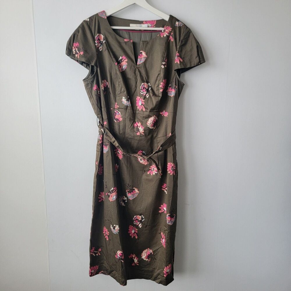 Boden womens Floral Belted Pencil Dress size 12L midi cap sleeve Olive Green